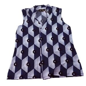80 Park Womens Large Sleeveless Geometric Hexagon Print Blouse Blue Black White